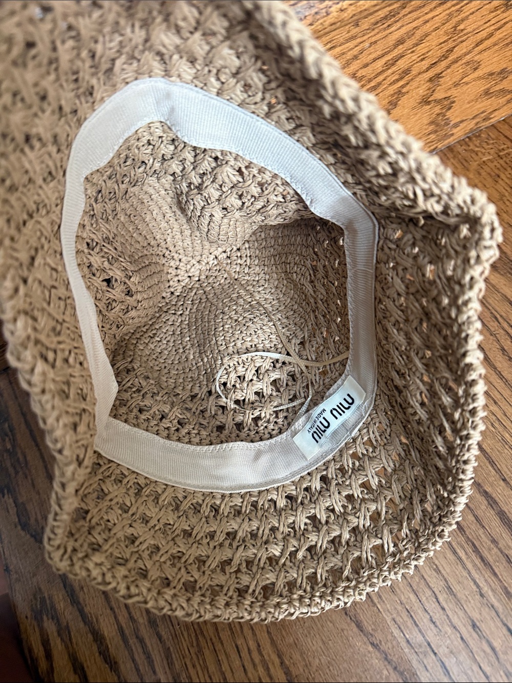 Miu Miu Tan Crochet Bucket Hat with Brown Logo - Picture 6 of 9
